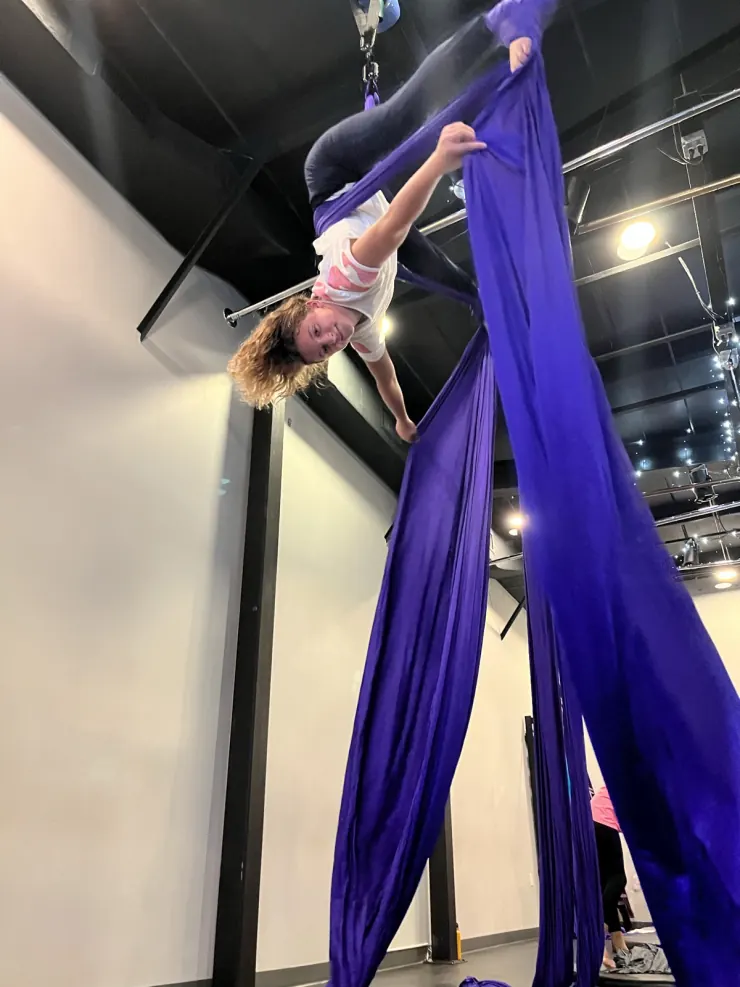 Ruby hanging upside down from purple aerial silks in class