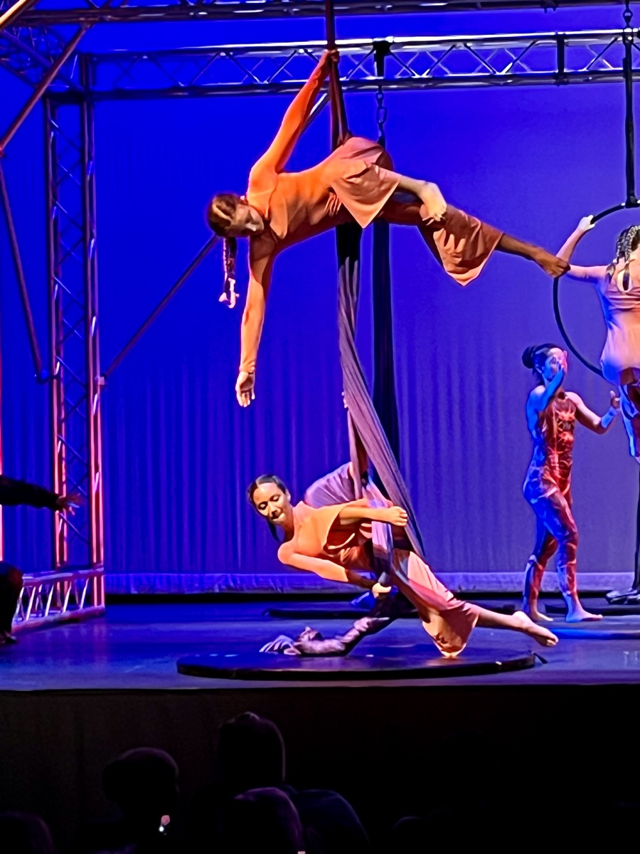 Aerial performers on a lit stage