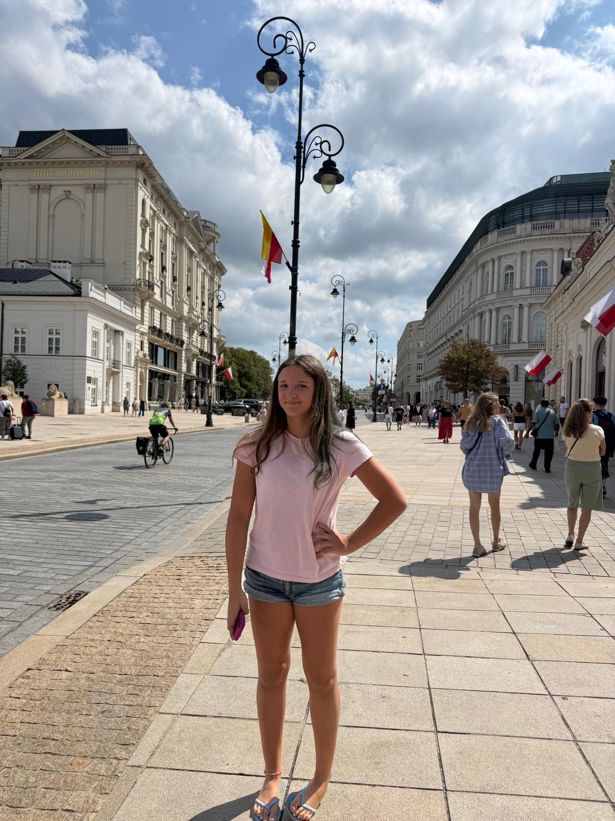 Ruby standing in Warsaw's old town