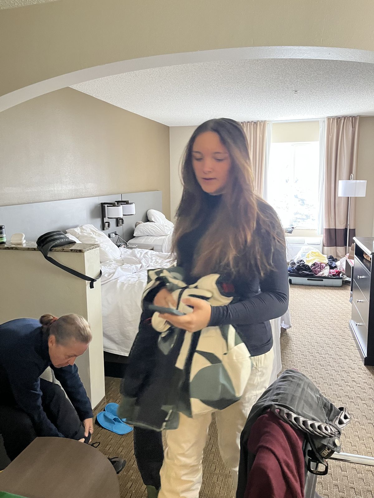 Packing up in the hotel room